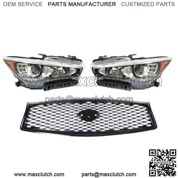 Pair Headlights+Front Upper Grille For 2014-2016 2017 Infiniti Q50 w/o AFS LH+RH