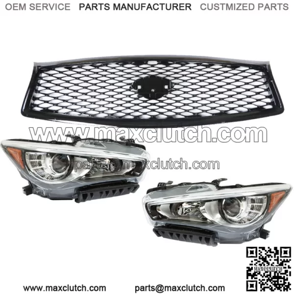 Pair Headlights+Front Upper Grille For 2014-2016 2017 Infiniti Q50 w/o AFS LH+RH - Image 2