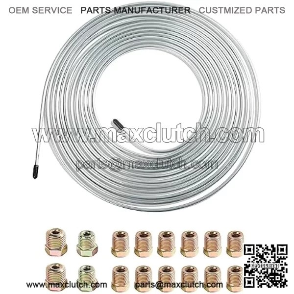 25 Ft Flexible Tube Line Roll,1/4" Brake Line Tubing Kit,Copper Coated Alloy Brake Line Tubing Coil with 16 Inverted Flare Fittings,Fuel Line CoilSilver